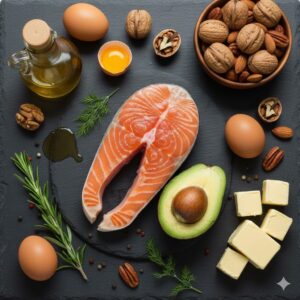 Thực phẩm giàu chất béo tốt trong chế độ ăn kiêng Keto như bơ, cá hồi, hạt óc chó.