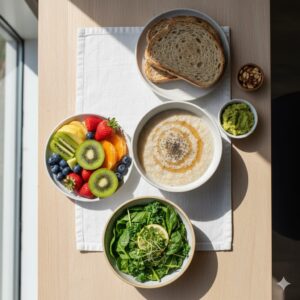 Bữa ăn lành mạnh với ngũ cốc nguyên cám, rau củ và trái cây tươi