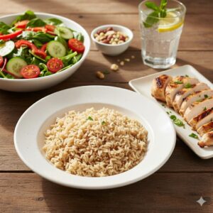 Bữa ăn Eat Clean với gạo lứt, ức gà và rau xanh giúp cân bằng dinh dưỡng