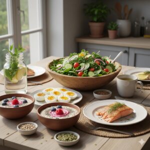 Thực phẩm giúp no lâu mà vẫn ít calo – chế độ ăn healthy cân đối.