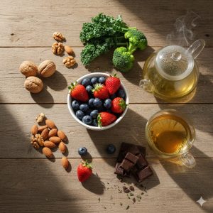 Thực phẩm giàu chất chống oxy hóa: quả mọng, hạt, rau xanh, socola đen, trà xanh, trái cây họ cam quýt