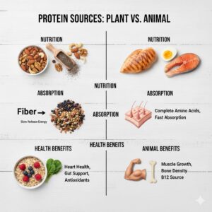 So sánh protein thực vật có tốt bằng protein động vật về dinh dưỡng và hấp thu.