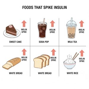 thực phẩm làm insulin tăng cao như đường bánh ngọt cơm trắng