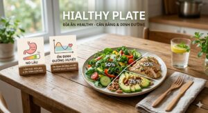 Minh họa đĩa ăn healthy gồm chất béo tốt, protein và rau xanh, kèm biểu tượng no lâu và ổn định đường huyết, phong cách ăn kiêng lành mạnh, ánh sáng tự nhiên