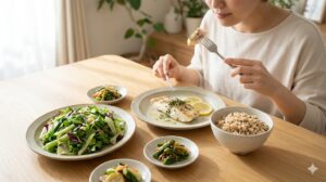 thói quen ăn uống tốt với rau xanh ngũ cốc và thực phẩm tự nhiên