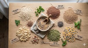 Thực phẩm từ ngũ cốc như yến mạch, gạo, lúa mì và các loại hạt dinh dưỡng