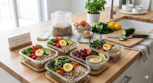 chuẩn bị bữa ăn healthy với ngũ cốc nhiều hạt và thực phẩm lành mạnh