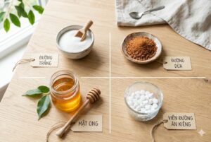 các loại đường gồm đường trắng mật ong và đường ăn kiêng