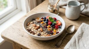 muesli gồm yến mạch hạt và trái cây khô chưa qua nướng