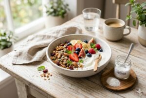 sử dụng stevia trong sữa chua và ngũ cốc healthy